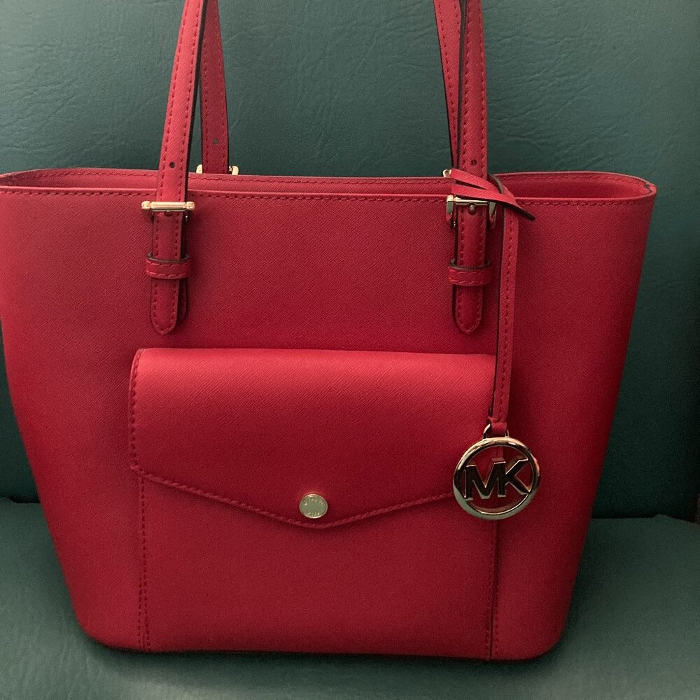 Michael Kors Bright Red Jet Set Front Pocket w/ Flap Closure Leather Tote